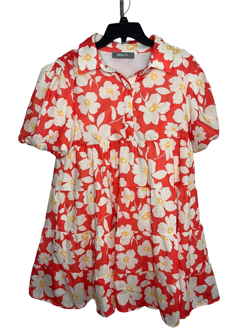 Blue B Collection Women’s Small Coral Floral Tiered Puff Sleeve Mini Dress